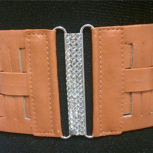 Fashion Horizontally & Vertically Design Red Elastic Waist Brown Belt Size S M